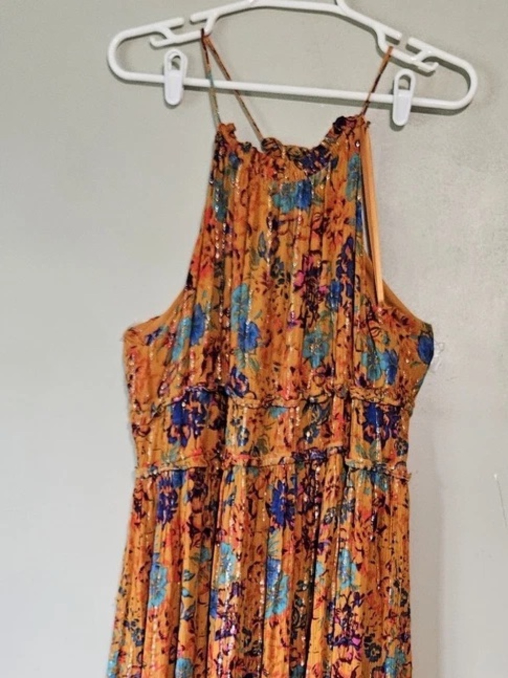 orange floral metallic tiered maxi dress by BCBGMAXAZRIA featuring a halter neck